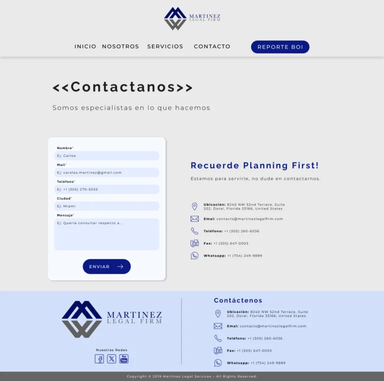 pantalla con datos de contactos de martinez legal firm