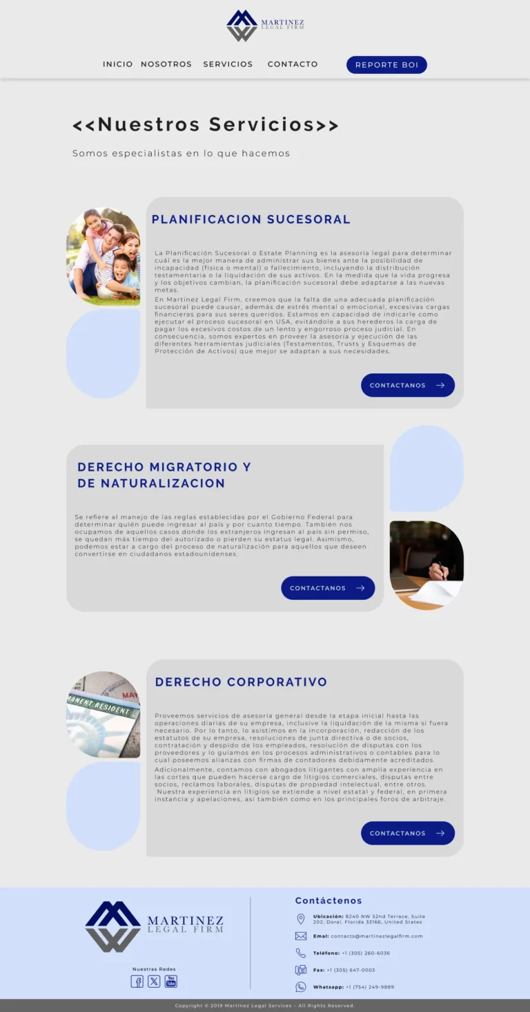 Pantalla con todos los servicios de martinez legal firm